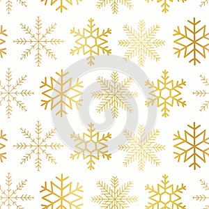 Vector seamless pattern Gold foil snowflakes on white background. Faux shiny golden metallic snowflake pattern repeat. Elegant