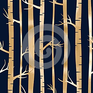 Vector seamless pattern with gold forest. Night landscape with birches and trees on blue background