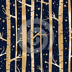 Vector seamless pattern with gold forest and stars. Night landscape with birches, trees and starry sky on blue background