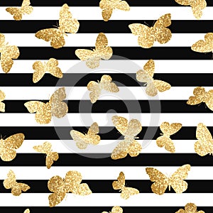 Vector seamless pattern with gold glitter butterflies on black and white stripes background