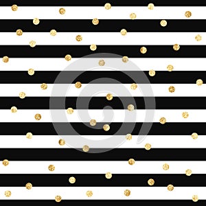 Vector seamless pattern with gold glitter polka dots on black and white stripes background