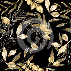 Vector seamless pattern with gold  leaves. Exotic botanical background design for cosmetics, spa, textile.