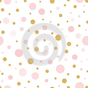 Vector seamless pattern gold pink polka dot for Christmas backgound or baby shower textile on white