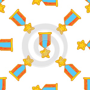 Vector seamless pattern of a gold star medal in a flat style. the order of the golden star on a ribbon with red and blue stripes,
