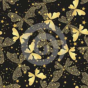 Vector seamless pattern with golden stylized butterflies