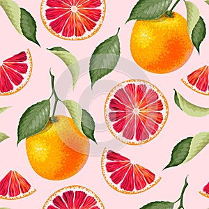 Vector seamless pattern with grapefruits and leaf