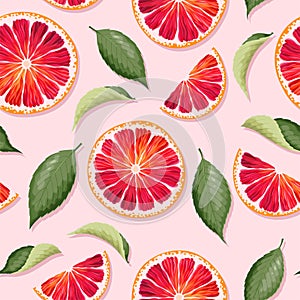 Vector seamless pattern with grapefruits and leaf