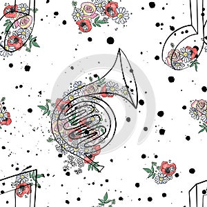 Vector seamless pattern graphic illustration of french horn music notes, flowers leaves branch drip blot splotch ink, splodge,