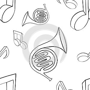 Vector seamless pattern graphic illustration of french horn, music notes, Sketch drawing, doodle style. abstract black and white