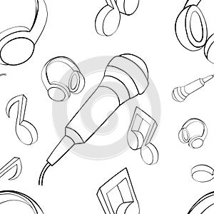 Vector seamless pattern graphic illustration of headphones, music notes, microphone Sketch drawing, doodle style. abstract black