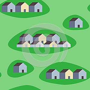 Vector seamless pattern of gray houses on green background. Property sale. Modern village. Smart Home security concept. Real