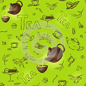 Vector seamless pattern on a green background sketch of items for the tea party. 3d teapot and cup, candy, lemon, saucer