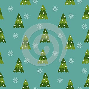 Vector Seamless pattern. Green Christmas trees and falling snowflakes on a blue background.
