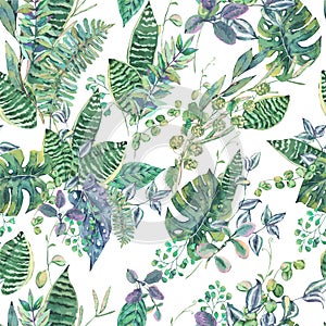 Vector seamless pattern with green exotic leaves, greenery botan