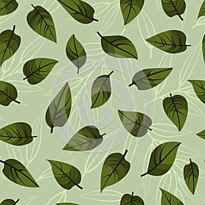 Vector seamless pattern with green falling leaves.