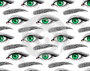 Vector seamless pattern of green female eye with eyelashes and eyebrow. Cat set