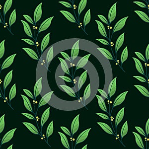 Vector seamless pattern with green foliate twigs on dark green background.