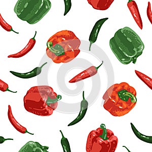 Vector seamless pattern with green and red peppers. Sweet and hot