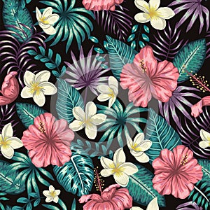 Vector seamless pattern of green tropical leaves with plumeria and hibiscus flowers on black background. Summer or spring repeat