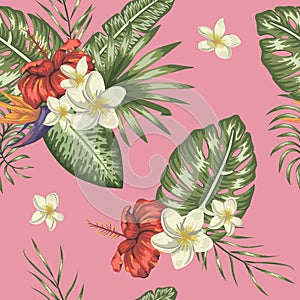 Vector seamless pattern of green tropical leaves with plumeria and hibiscus flowers on pink background