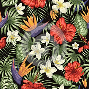 Vector seamless pattern of green tropical leaves with plumeria, strelitzia and hibiscus flowers on black background