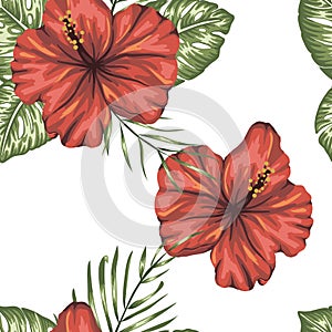 Vector seamless pattern of green tropical leaves with red hibiscus flowers