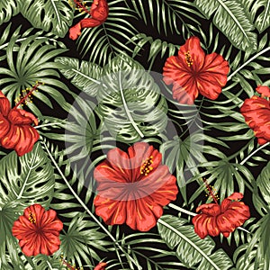 Vector seamless pattern of green tropical leaves with red hibiscus flowers on black background