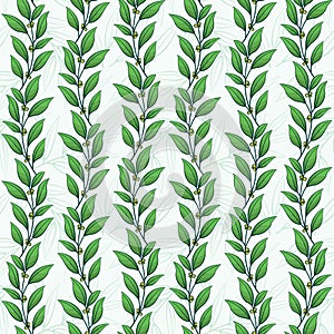 Vector seamless pattern with green vertical foliate branches.