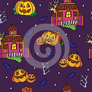 Vector seamless pattern for Halloween with pumpkin and ghost house