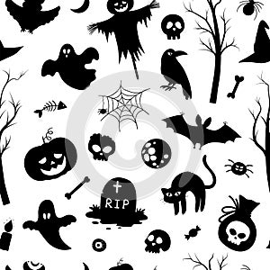 Vector seamless pattern with Halloween silhouettes. Black and white Samhain party background. Scary digital paper with jack-o-