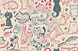 Vector seamless pattern with hand draw funny cats in sketch style