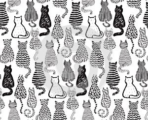 Vector seamless pattern with hand draw textured cats