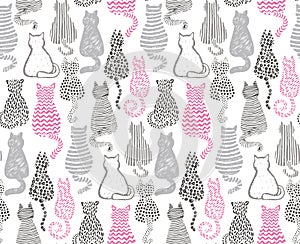 Vector seamless pattern with hand draw textured cats