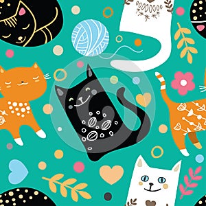 Vector seamless pattern with hand draw textured cats in graphic doodle style. Colored endless background.