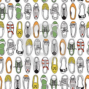 Vector seamless pattern with hand drawing cute shoes. Colorful boots in repeat background
