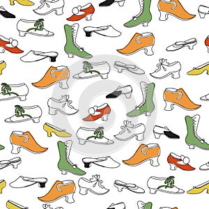 Vector seamless pattern with hand drawing shoes. Colorful boots in repeat background