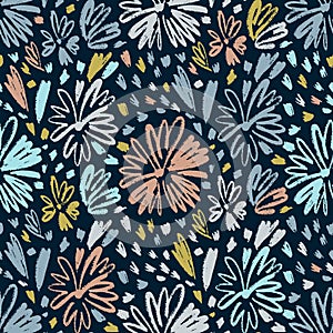 Vector seamless pattern with hand drawing wild plants, herbs and flowers, colorful botanical illustration, floral