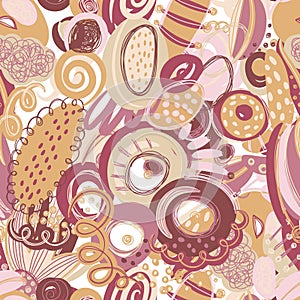 Vector seamless pattern with hand drawn abstract shapes, scribbles, spirales. Stains of paint. Design with doodle