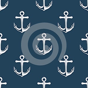 Vector Seamless Pattern with Hand drawn Anchor. Design Template for Textile, Apparel, Wallpapers. White Anchor on Blue