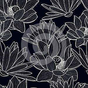 Vector seamless pattern with hand drawn beautiful lotus flower.