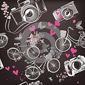 Vector seamless pattern with hand drawn bicycles and hearts