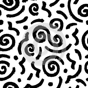 Vector seamless pattern with hand drawn black paint brush strokes. Abstract chaotic circles, curved, wavy lines and dots