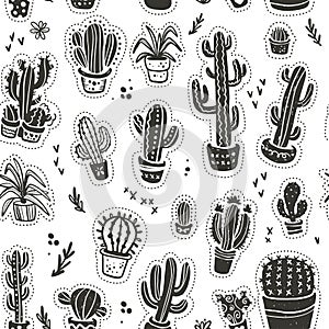 Vector seamless pattern with hand drawn cactus elements isolated on white background.