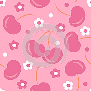 Vector seamless pattern with hand drawn  cherries and flowers on a pink background.