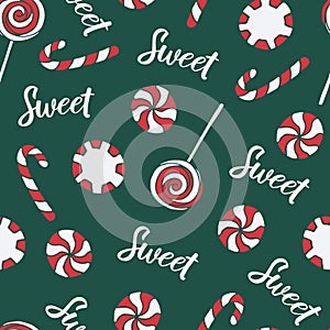 Vector seamless pattern with hand drawn christmas candies on dark green background