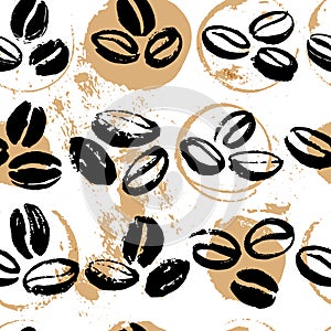 Vector seamless pattern with hand drawn coffee beans isolated on white background.