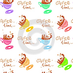 Vector seamless pattern with hand drawn coffee cups drawn with marker . Good for web page design, menu texture, surface