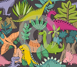 Vector seamless pattern with hand drawn dinosaurs and tropical leaves and flowers.