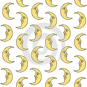 Vector seamless pattern of boho moon with face