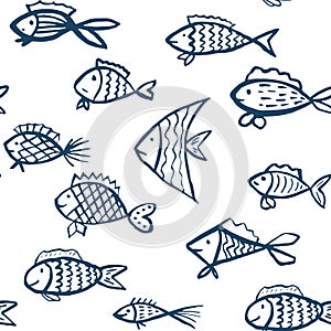 Vector seamless pattern with hand drawn fishes
